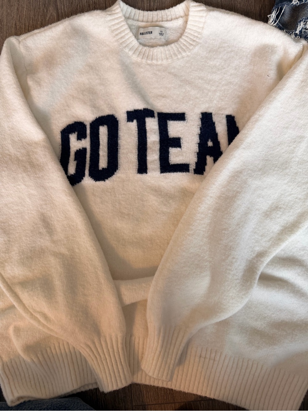 Hollister Cream Sweater with Navy "GO TEAM" Letters